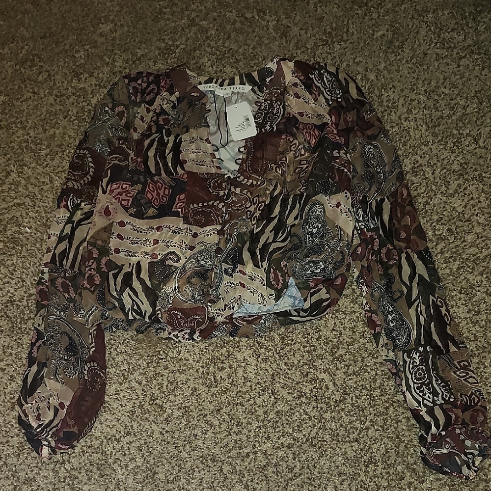 Veronica Beard Brown and Gray Wrap Crop Blouse